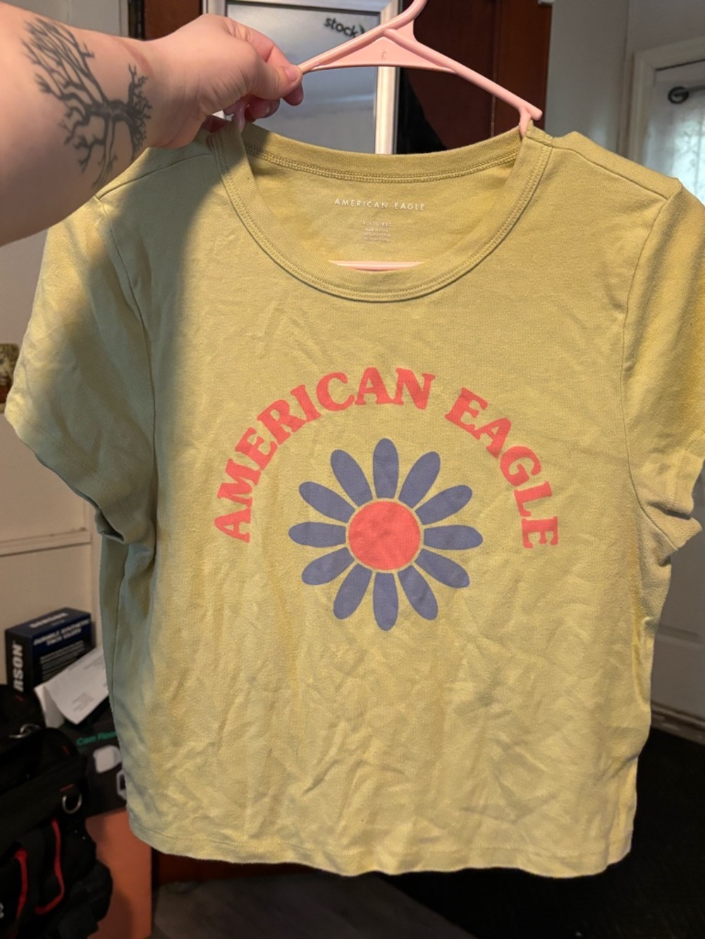 American Eagle Olive Green Daisy Logo Crop Tee with Coral & Purple